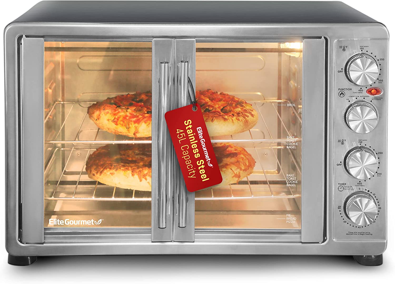 Elite Gourmet ETO4510B# French Door 47.5Qt. 18-Slice Convection Oven 4-Control Knobs. Bake Broil Toast Rotisserie Keep Warm. Includes 2 x 14″ Pizza Racks. Stainless Steel