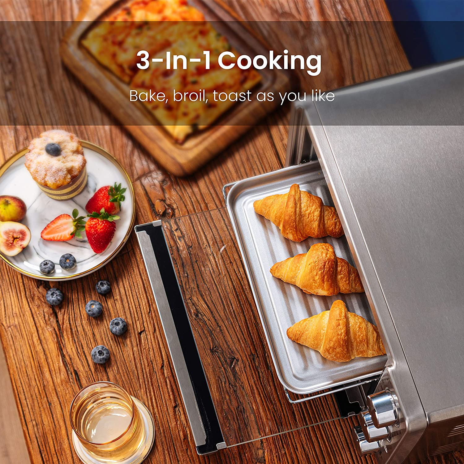 COMFEE- 4 Slice Small Toaster Oven Countertop. 12L with 30-Minute Timer. 3-In-One. Bake. Broil. Toast. 1100 Watts. Dual heating element. Stainless Steel(CFO-BG12(SS))