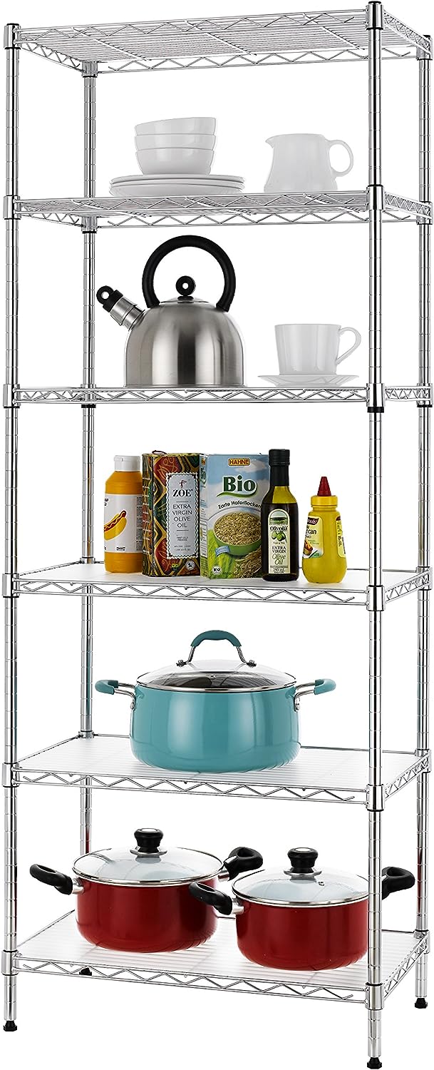 Finnhomy 6-Tier Wire Shelving Unit Adjustable Steel Wire Rack Shelving 6 Shelves Steel Storage Rack or Two 3 Tier Shelving Units with PE mat and Stable Leveling Feet. NSF Certified. Chrome