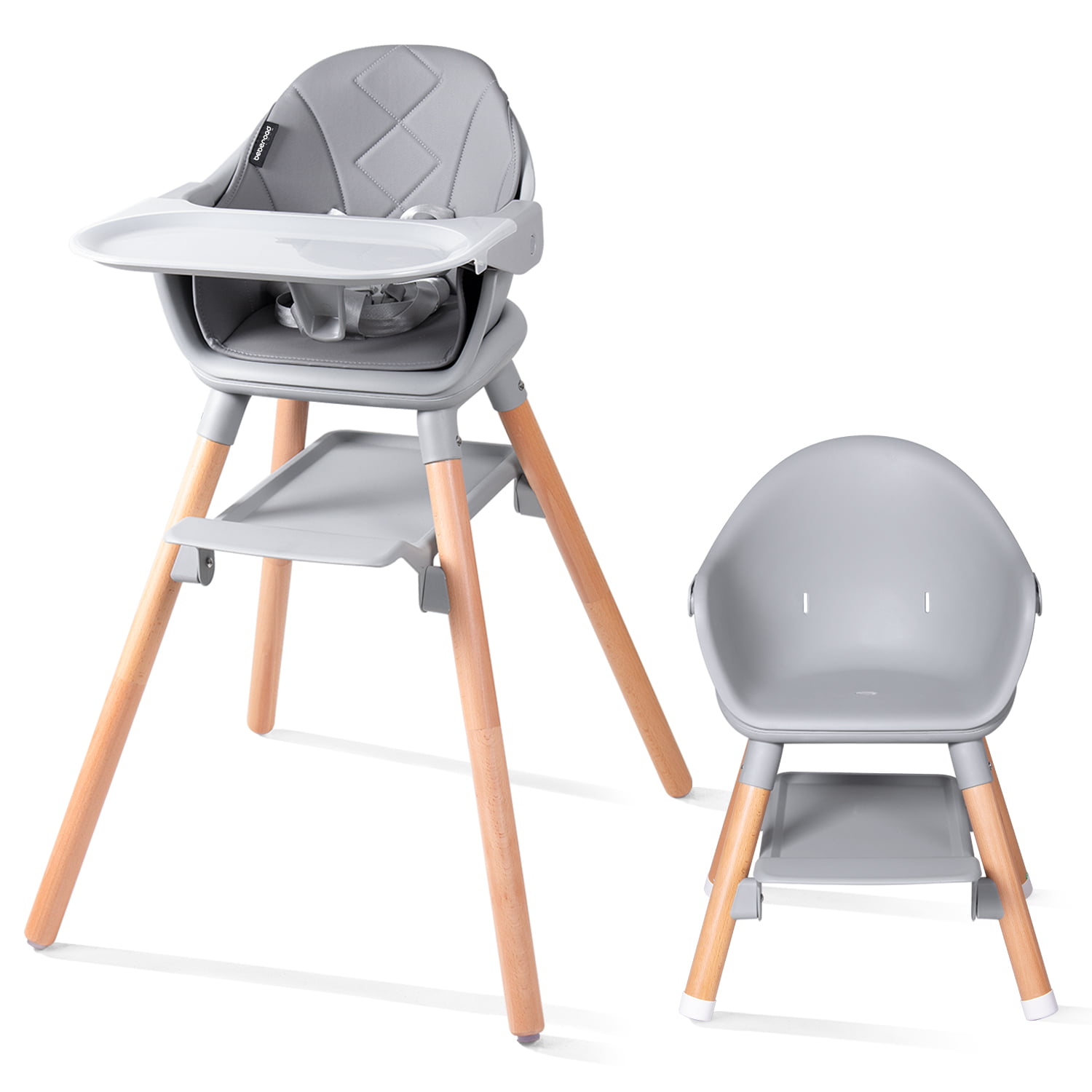Beberoad Love Baby High Chair. 4 in 1 Wooden Highchair Convertible High Chair Booster Toddler Chair with Double Removable Tray. 5-Point Harness & PU Cushion for Babies Infants Toddlers Grey