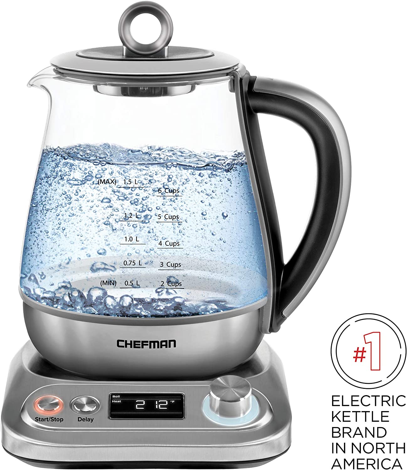 Chefman Digital Electric Glass Kettle. No.1 Kettle Manufacturer. Removable Tea Infuser Included. 8 Presets & Programmable Temperature Control. Auto Shutoff. Water Filter. 6+ Cup Capacity. 1.5 Liter (RJ11-15-SSTC)