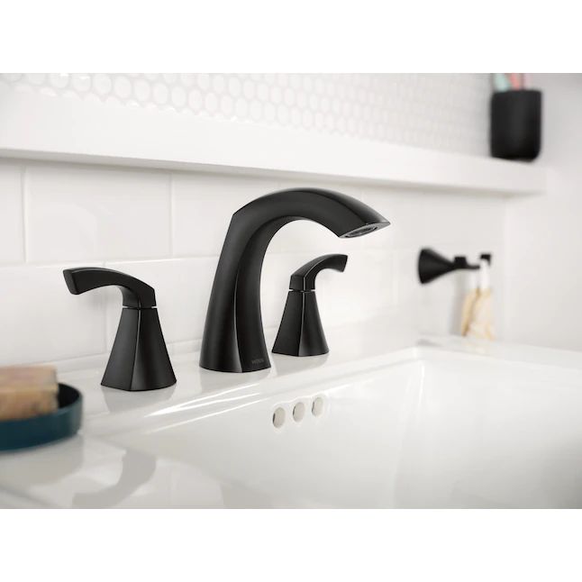 Moen 84504BL Lindor Matte Black 2-handle Widespread High-arc Bathroom Sink Faucet with Drain