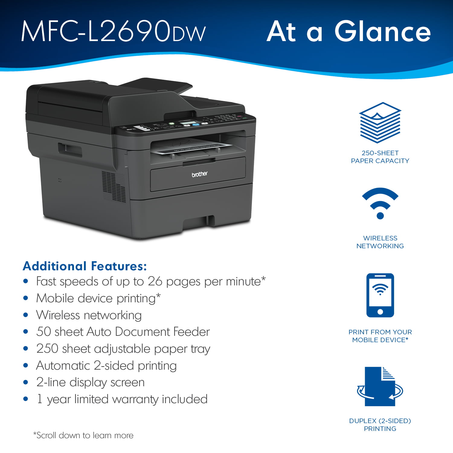 Brother MFC-L2690DW Monochrome Laser All-in-One Printer. Duplex Printing. Wireless Connectivity