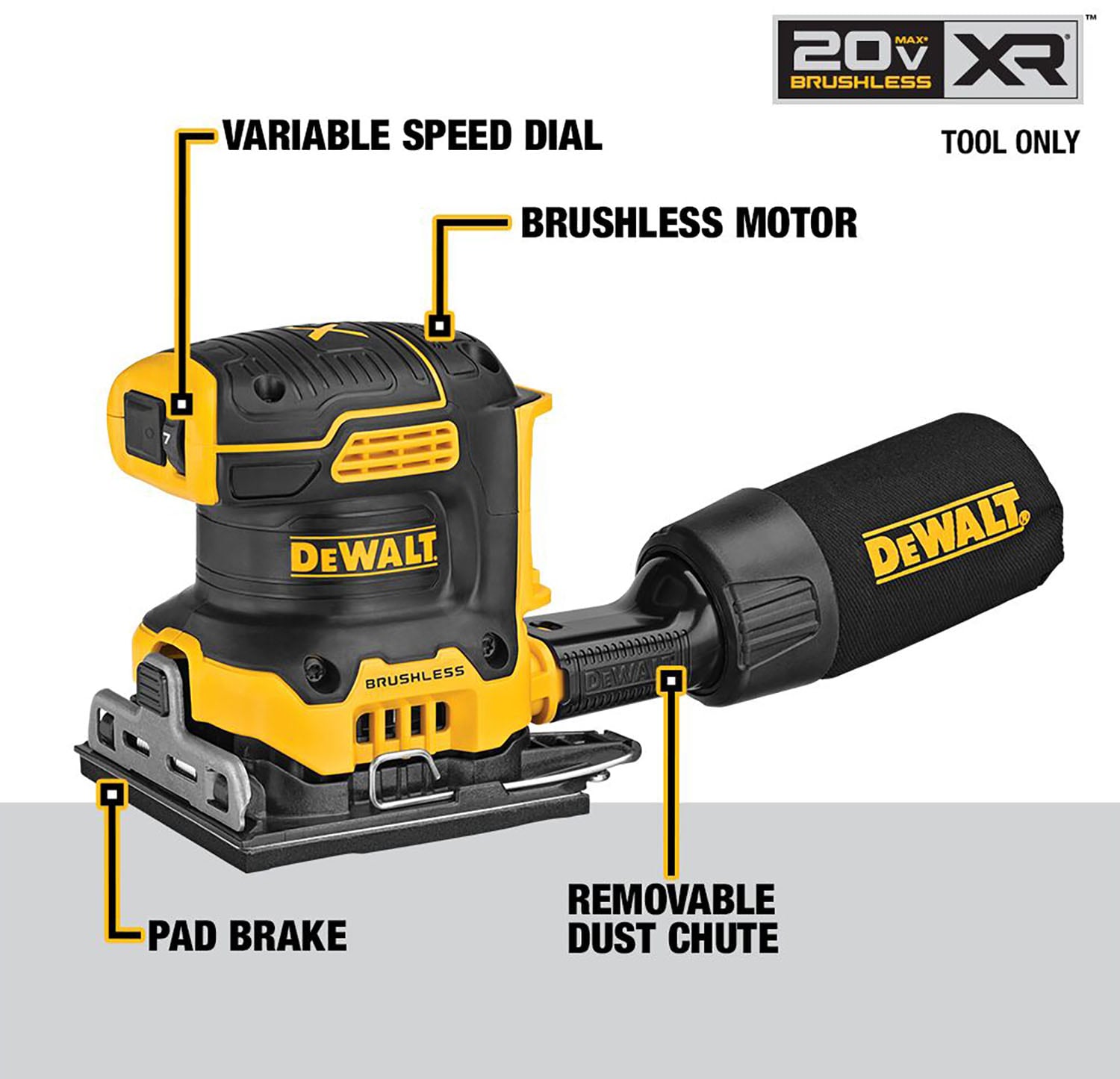 DEWALT DCW200B XR 20 Max 20-Volt Brushless Cordless Variable Speed Sheet Sander with Dust Management