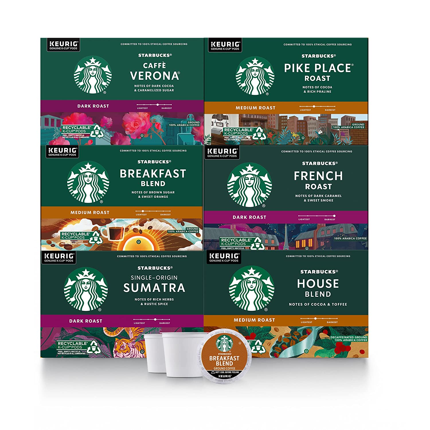 Starbucks K-Cup Coffee Pods. Medium & Dark Roast Variety Pack for Keurig Brewers. 100% Arabica. 6 boxes (60 pods total)