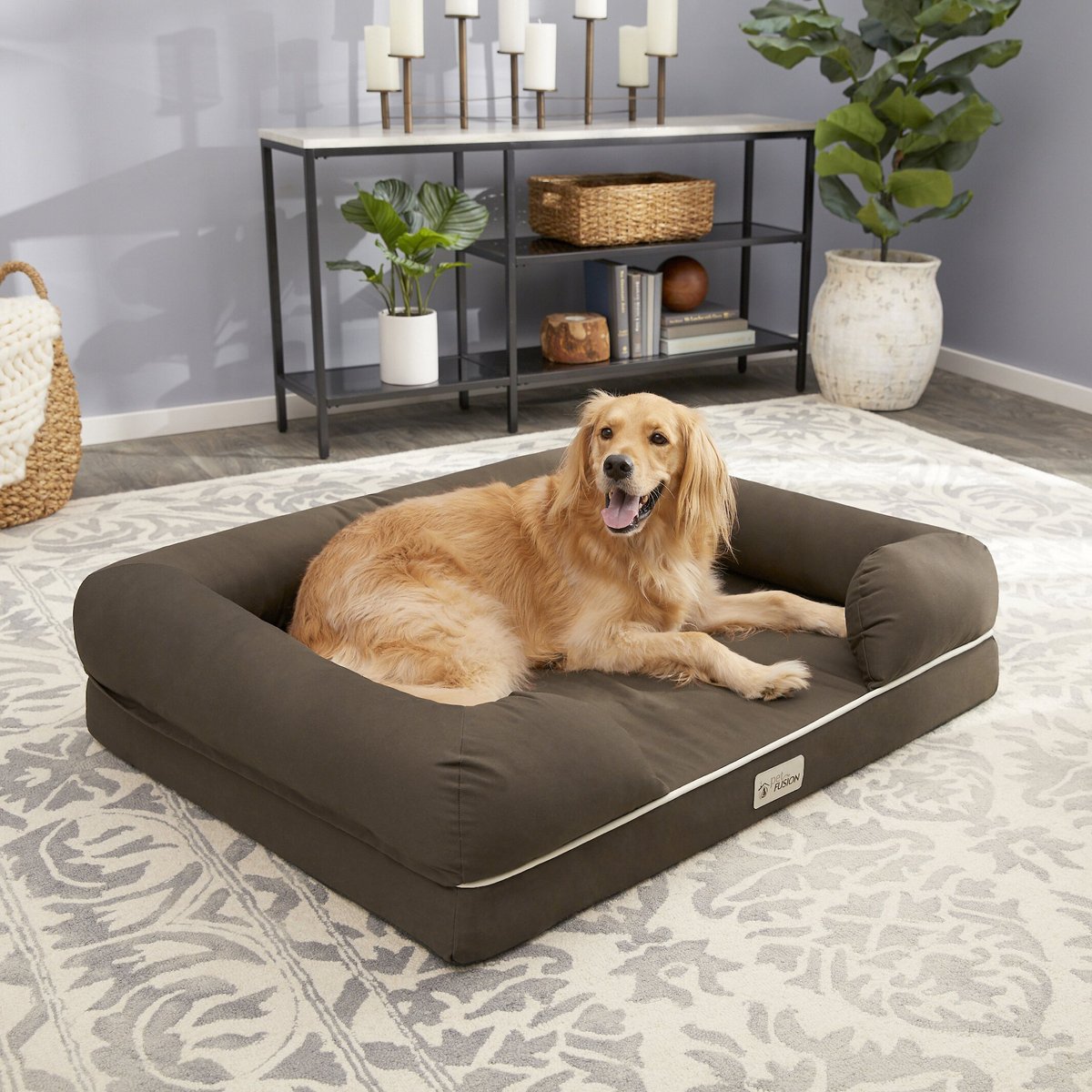PetFusion Ultimate Lounge Memory Foam Bolster Cat & Dog Bed w/Removable Cover - Brown - X-Large (44×34″)