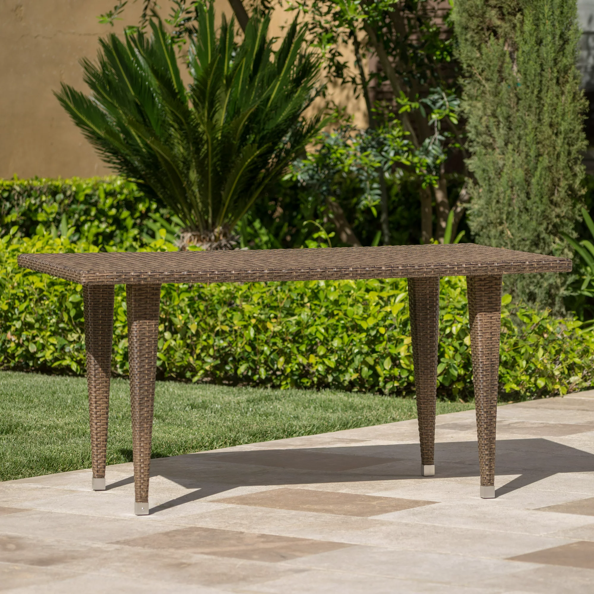 Noble House Draymond Outdoor Rectangle Wicker and Iron Dining Table. Mix Mocha