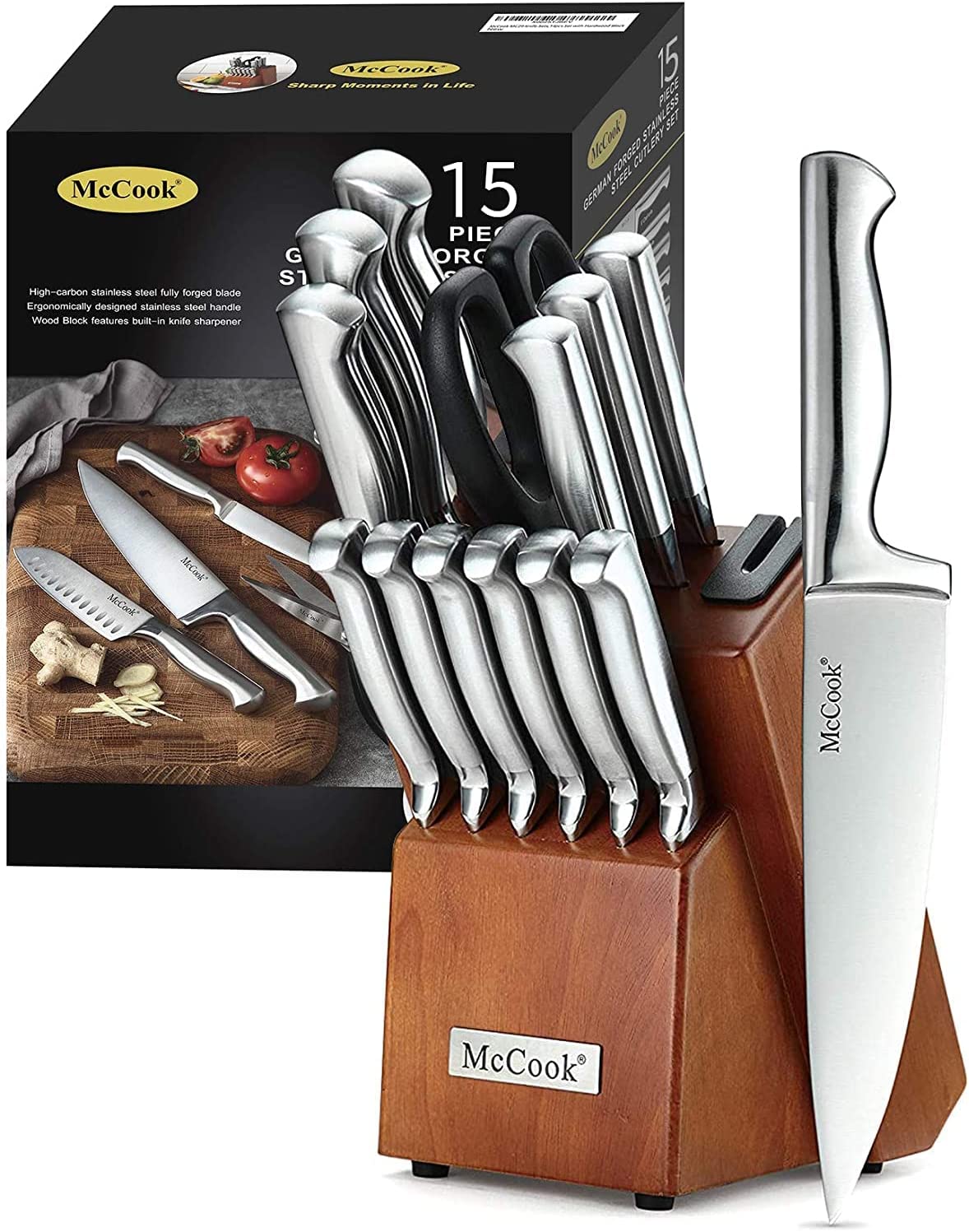 McCook MC29 Knife Sets.15 Pieces German Stainless Steel Kitchen Knife Block Sets with Built-in Sharpener