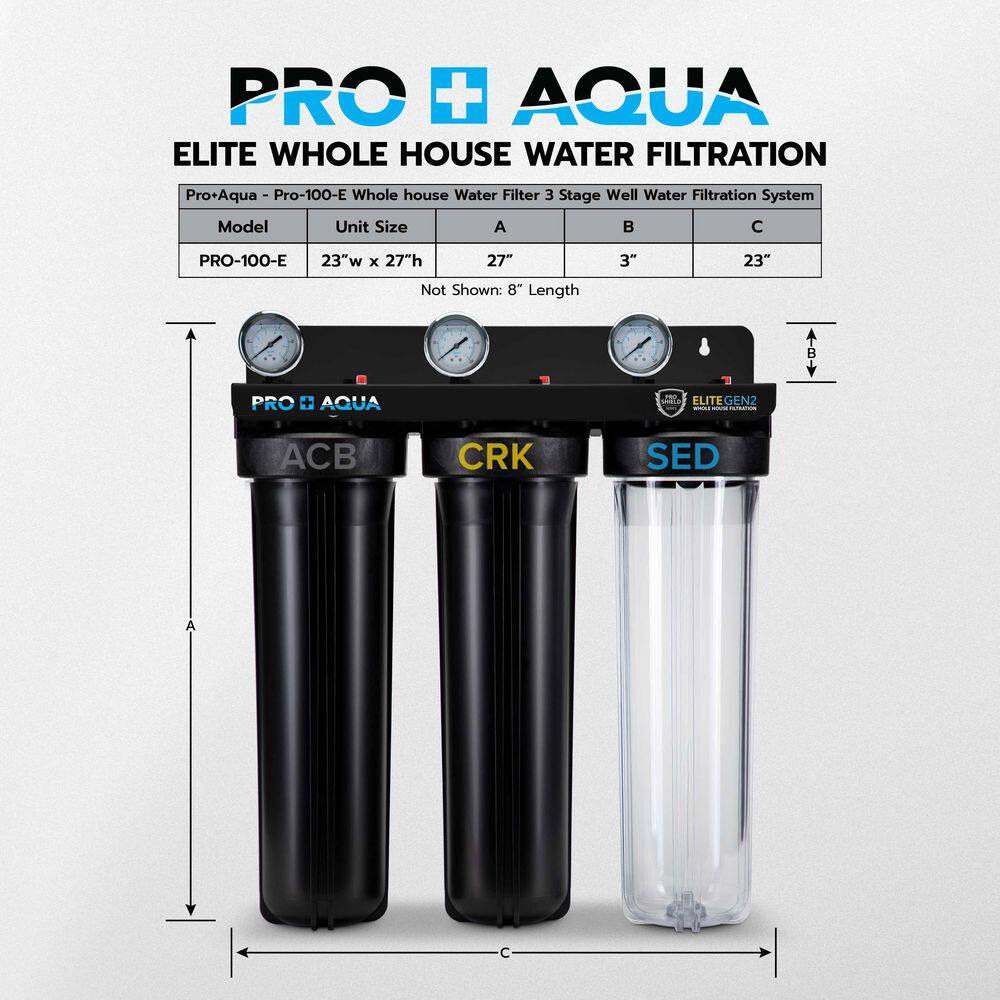 PRO+AQUA PRO-100-E Pro Aqua ELITE Whole House Water Filter 3 Stage Well Water Filtration System with Gauges. PR Button. 1 Ports. Filter Set