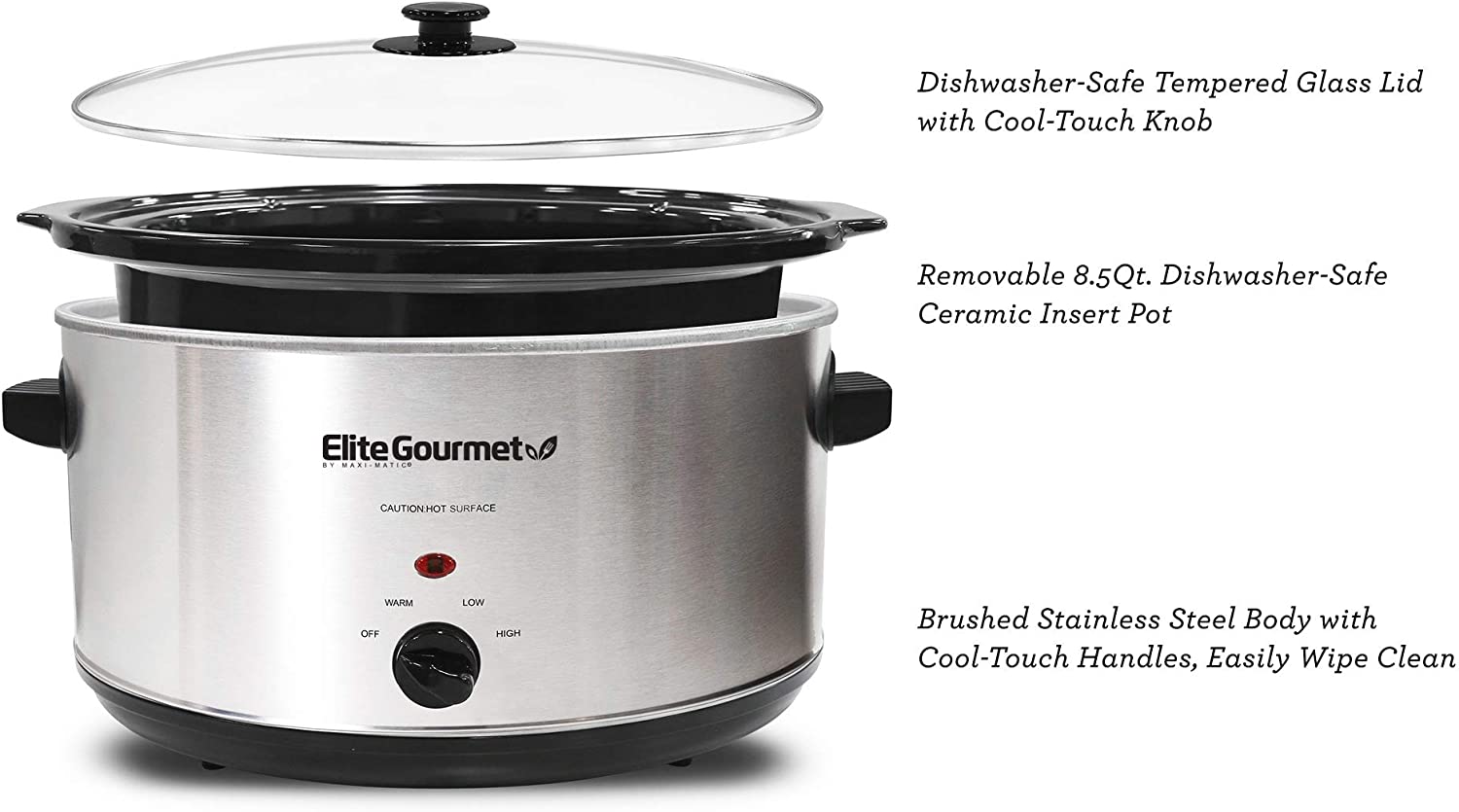 Elite Gourmet Stainless Steel Slow Cooker. Dishwasher-Safe with Tempered Glass Lid. Cool-Touch Handles. Removable Stoneware Pot. 8.5 Quart.MST-900V