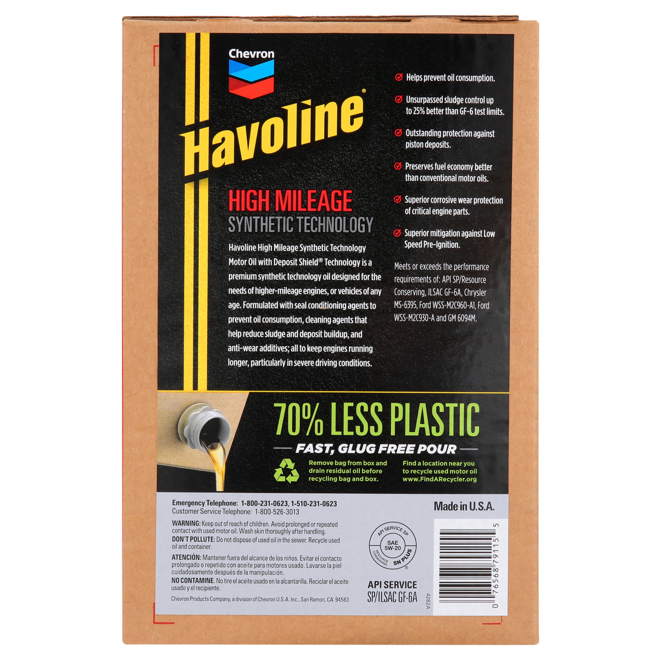 Chevron Havoline High Mileage Synthetic Technology Motor Oil 5W-20. 6 Quart Smart Change Box Case (2-Pack)