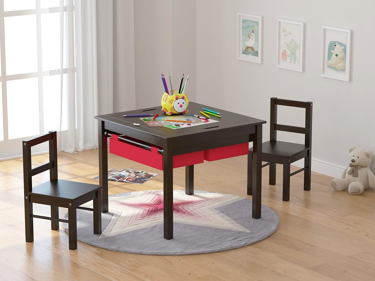 UTEX Wooden 2 in 1 Kids Construction Play Table and 2 Chairs Set with Storage Drawers. and Built in Plate Compatible with Lego and Duplo Bricks(Espresso with Red Drawers)