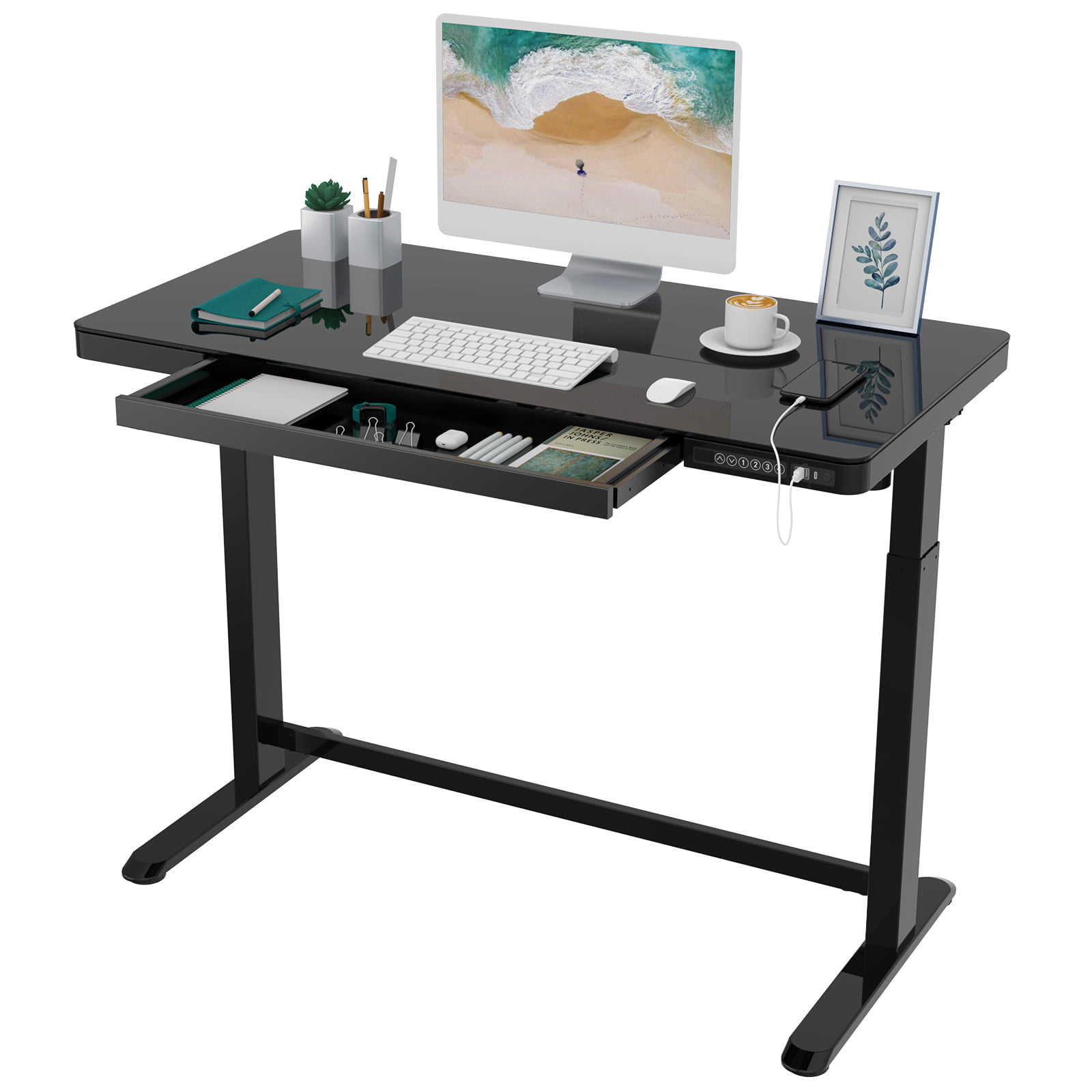 FlexiSpot 48″ W Ergonomic Home Office Height Adjustable Standing Desk Tempered Glass Top. Black