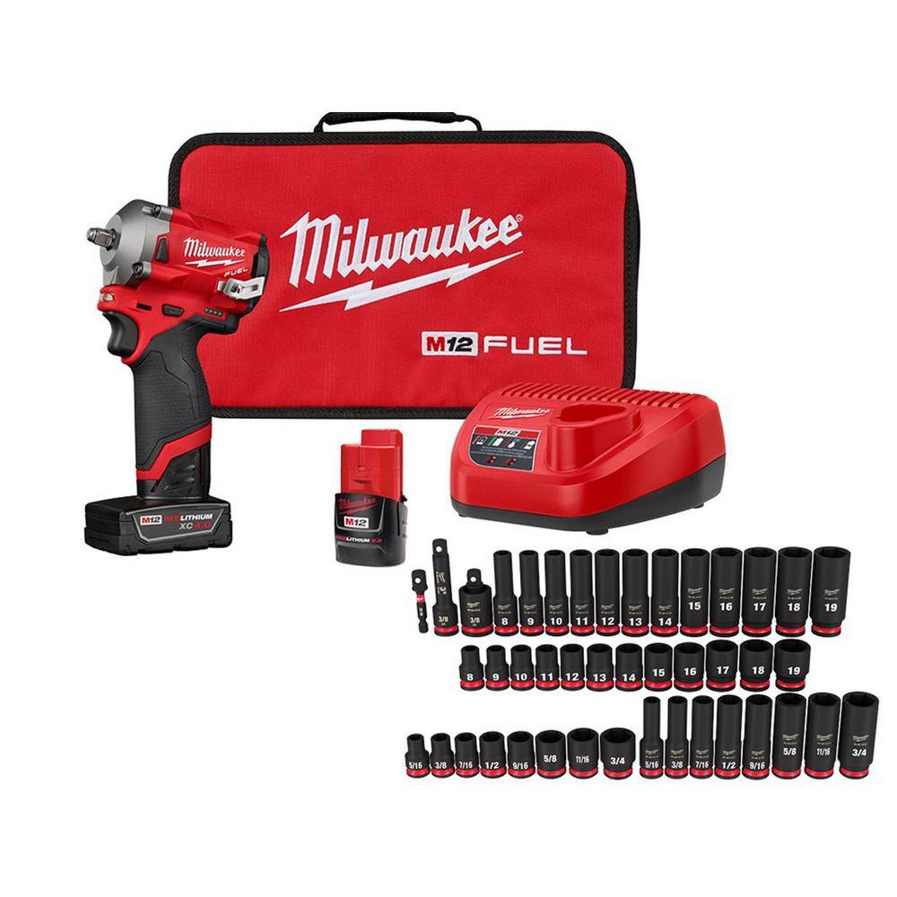 Milwaukee 2554-22-49-66-7009 M12 FUEL 12V Brushless Cordless Stubby 3/8 in. Impact Wrench Kit with 3/8 in. Drive SAE/Metric Socket Set (43-Piece)