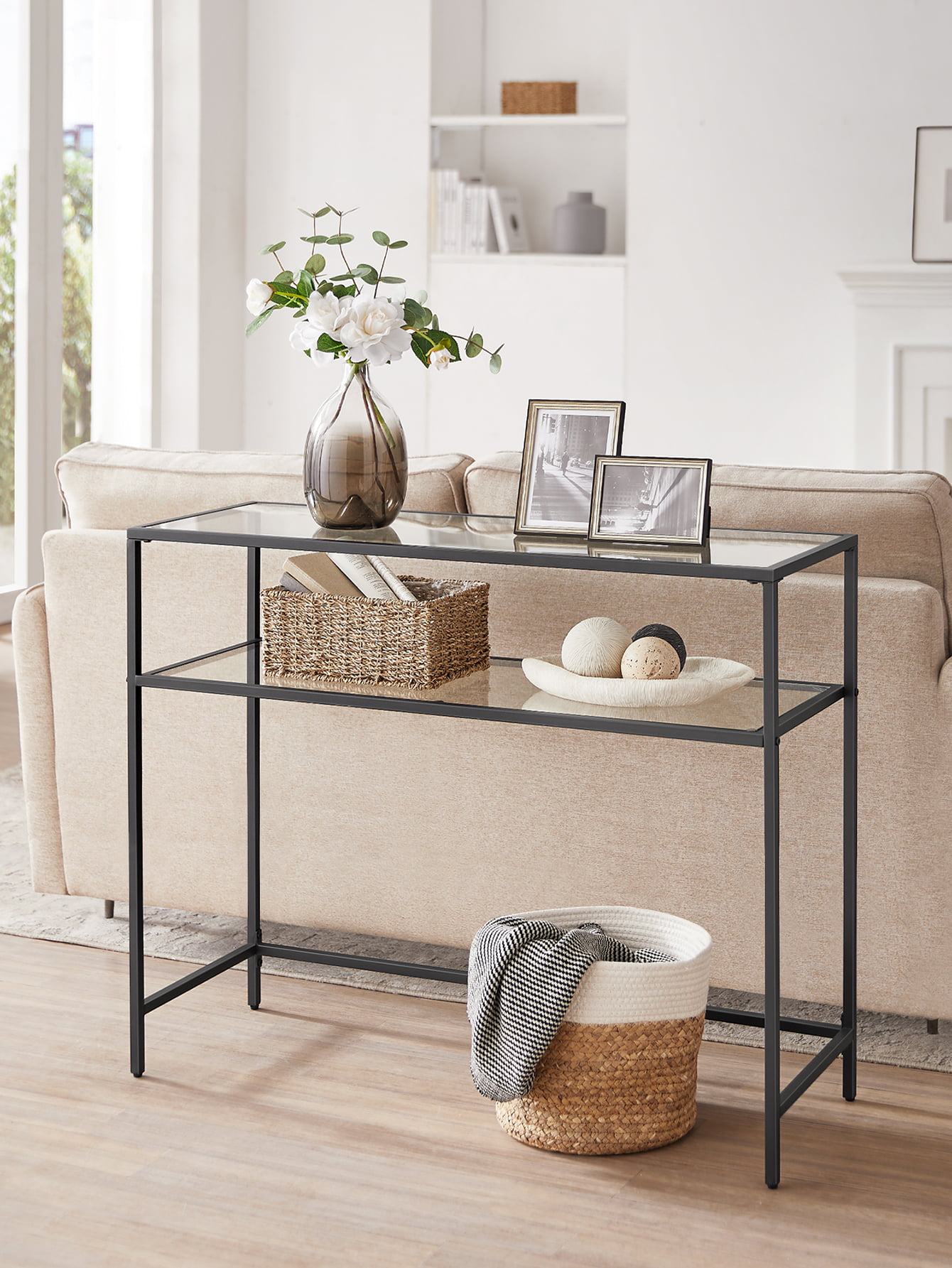VASAGLE 39.4″ Console Table Glass Table Entryway Table with 2 Shelves Steel Frame Black