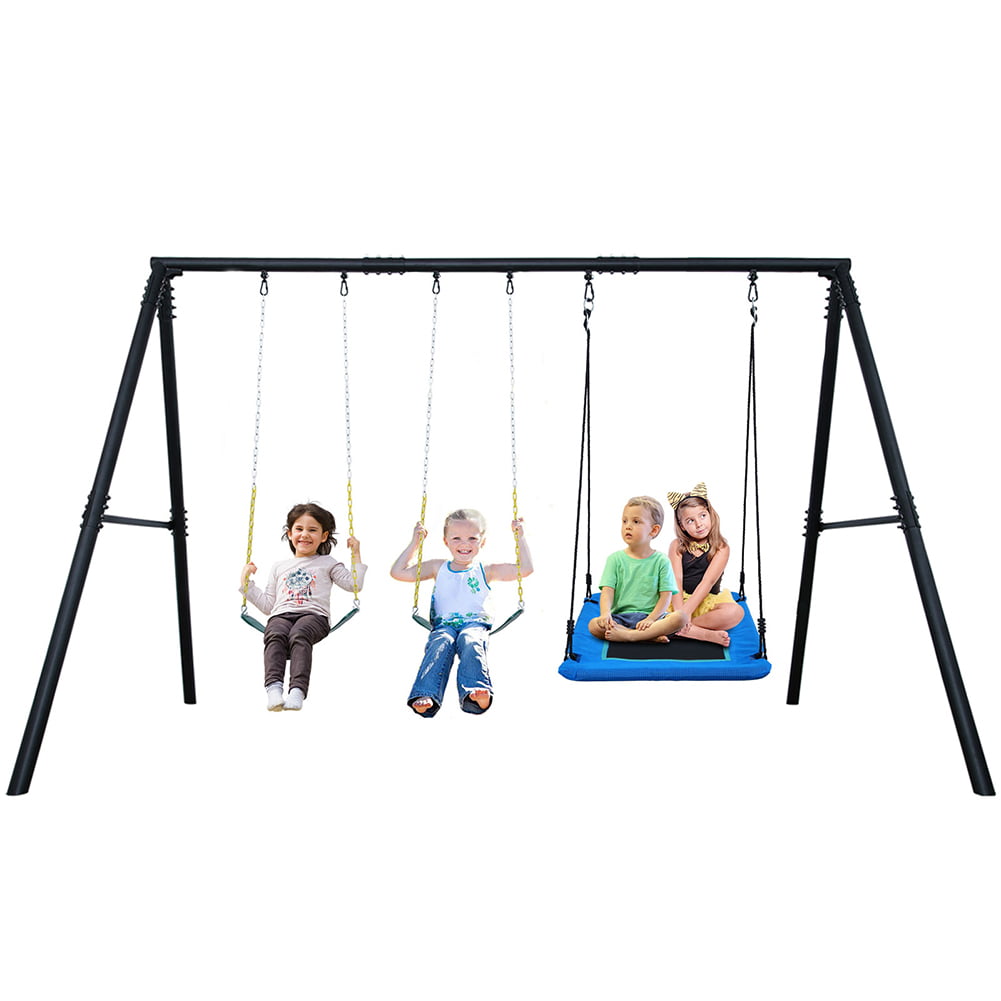 Hapfan 600lbs 3 Seat Metal Swing Set. 1 Platform Swing Seat and 2 Belt Swing Seat with Heavy Duty A-Frame Metal Swing Stand