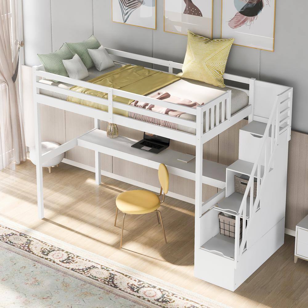 Harper & Bright Designs  White Twin Size Wooden Loft Bed with Built in Desk and Staircase