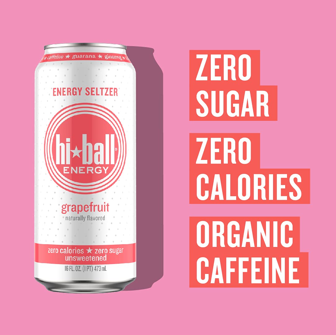 Hiball Energy Seltzer Water. Caffeinated Sparkling Water (16 Fl Oz Pack of 8). Grapefruit