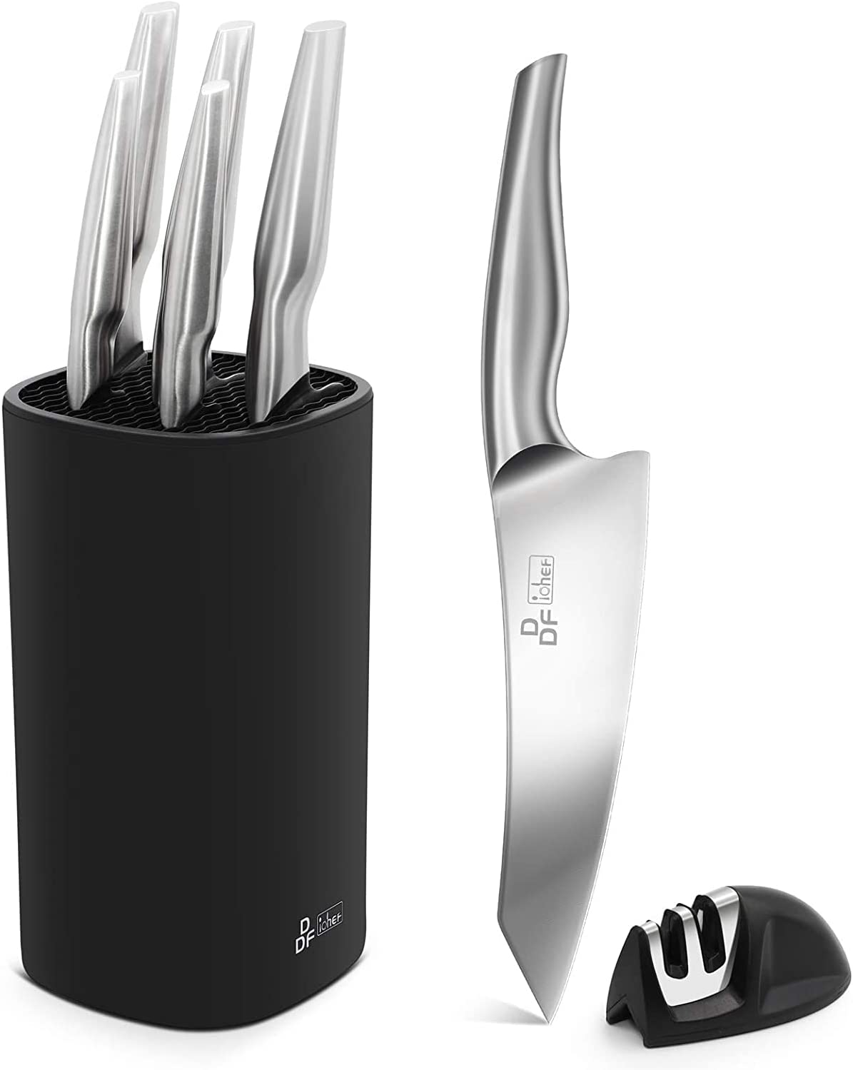 DDF iohEF Kitchen Knife Set with Block. 7 Piece Premium High Carbon Stainless Steel Knives Set with Knife Sharpener. Ultra Sharp Knife Block Set