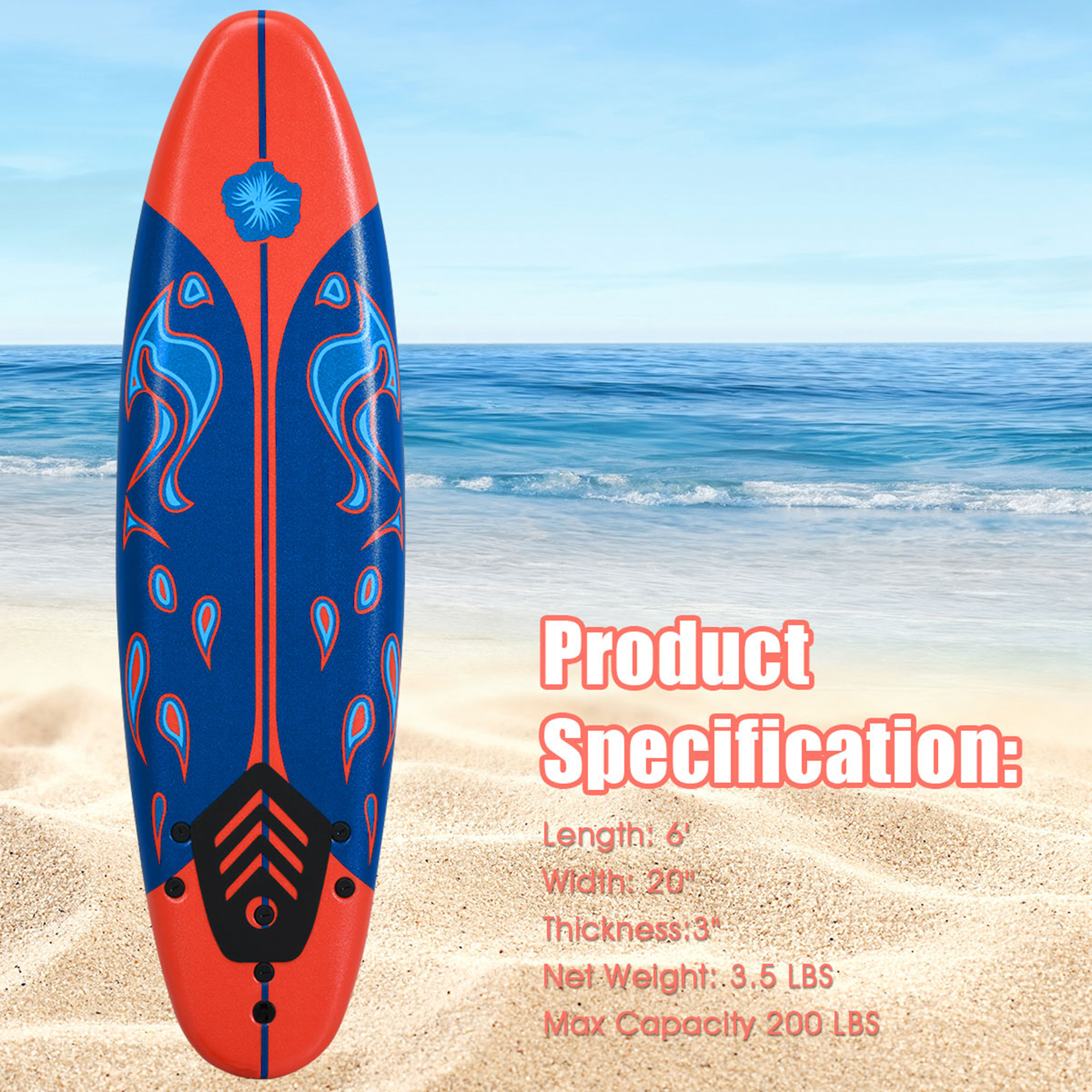 Gymax 6ft Surfing Body Board  w/ 3 Removable Fins Safety Leash Red