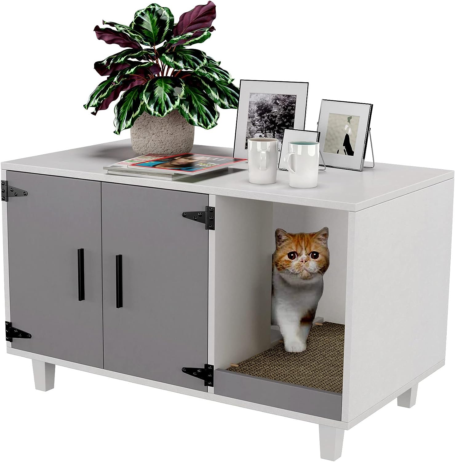 GDLF Modern Wood Pet Crate Cat Washroom Hidden Litter Box Enclosure Furniture House as Table Nightstand with Scratch Pad.Stackable (Gray & White)