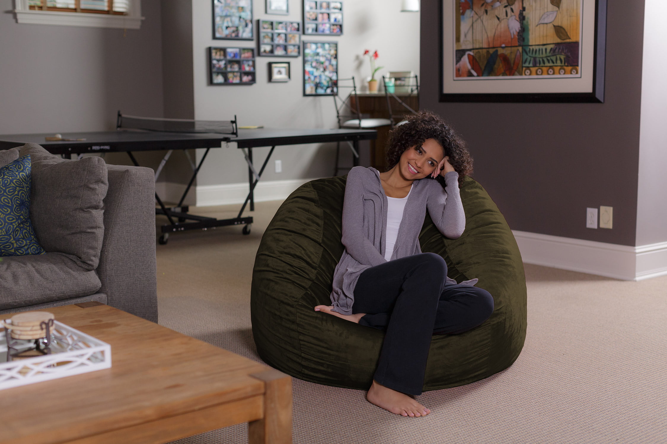 Sofa Sack Bean Bag Chair. Memory Foam Lounger with Microsuede Cover. Kids. Adults. 4 ft. Olive
