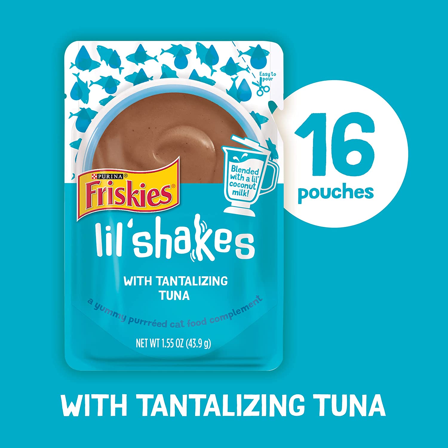 Purina Friskies Wet Pureed Cat Food Topper Lil- Shakes with Tantalizing Tuna - (16) 1.55 oz. Pouches