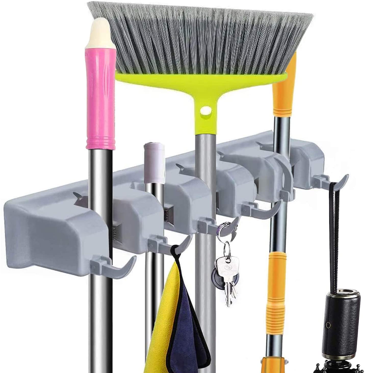 CINEYO Mop and Broom Holder Wall Mount. (5 Positions with 6 Hooks)