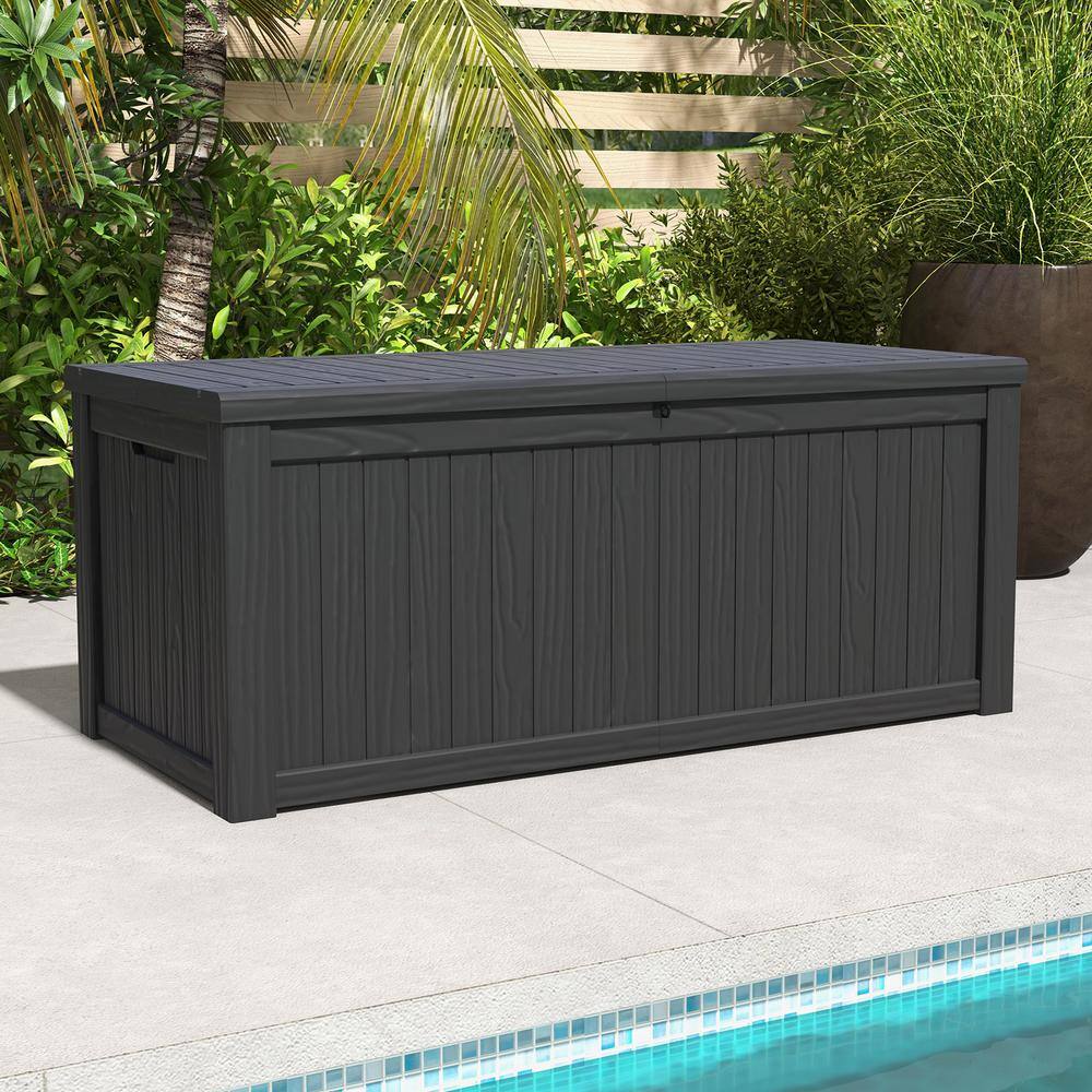 Patiowell PASB150-0 150 Gal. Outdoor Storage Resin Wood-Grain Deck Box in Black. 2 Large Storage Spaces for Patio Furniture