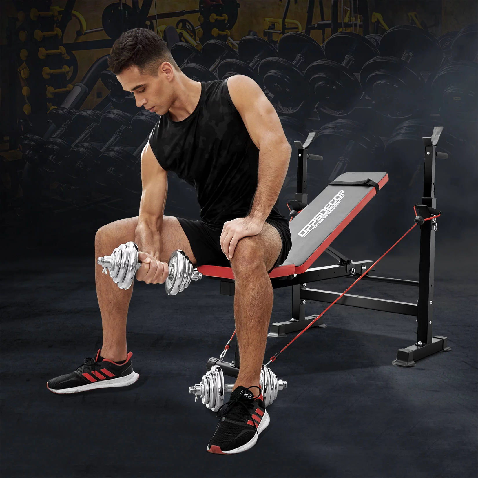 Oppsdecor Folding Weight Bench with Pairs of Resistance Bands Adjustable Bench Press Max Load 330lbs Workout Bench for Home Fitness Strength Training