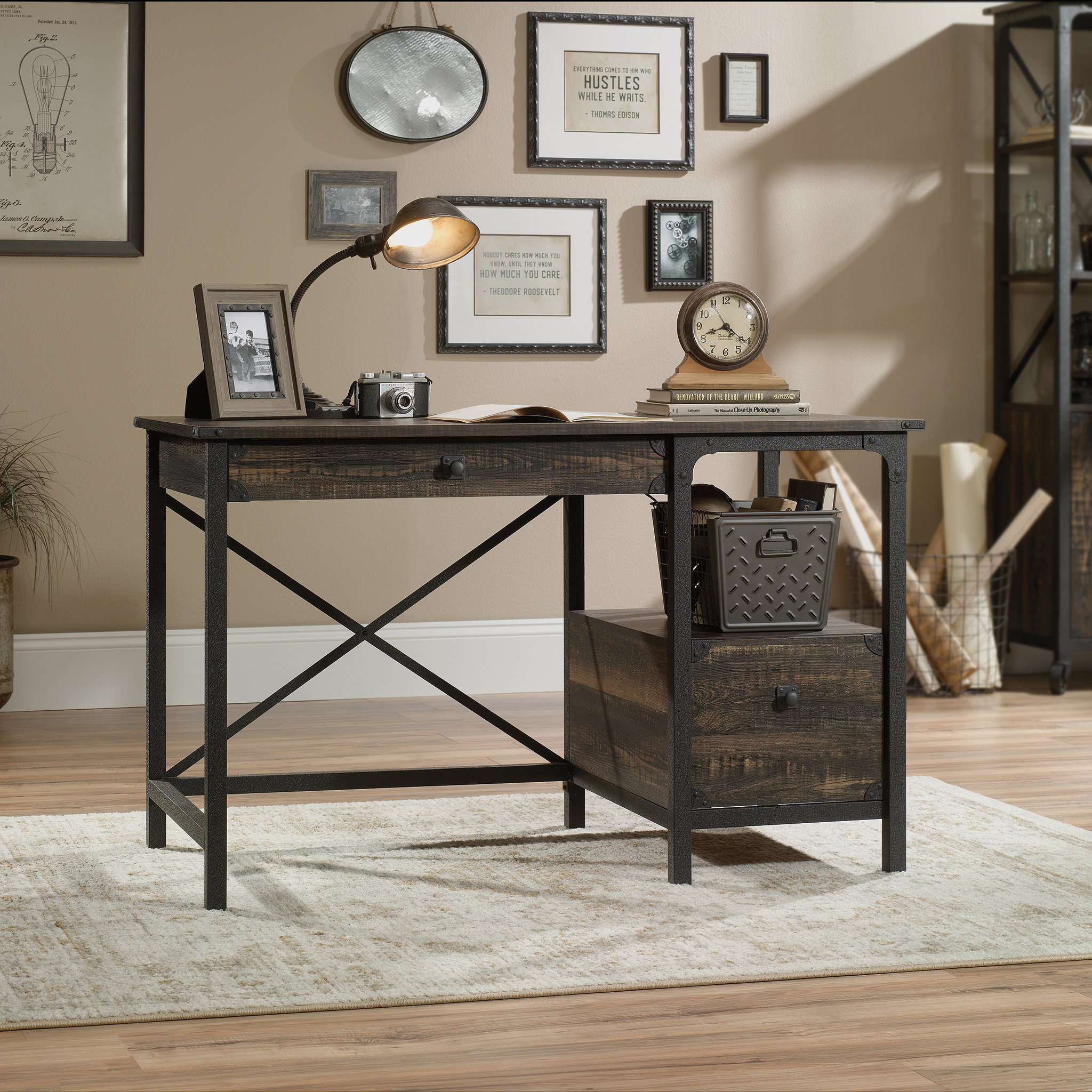 Sauder 423912 Steel River Desk. Carbon Oak Finish