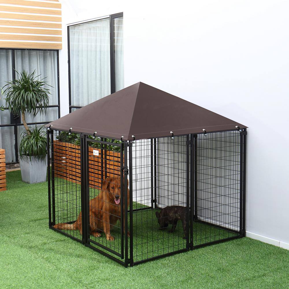 PawHut D02-031 Black Metal Lockable Dog House Kennel with Water-Resistant Roof