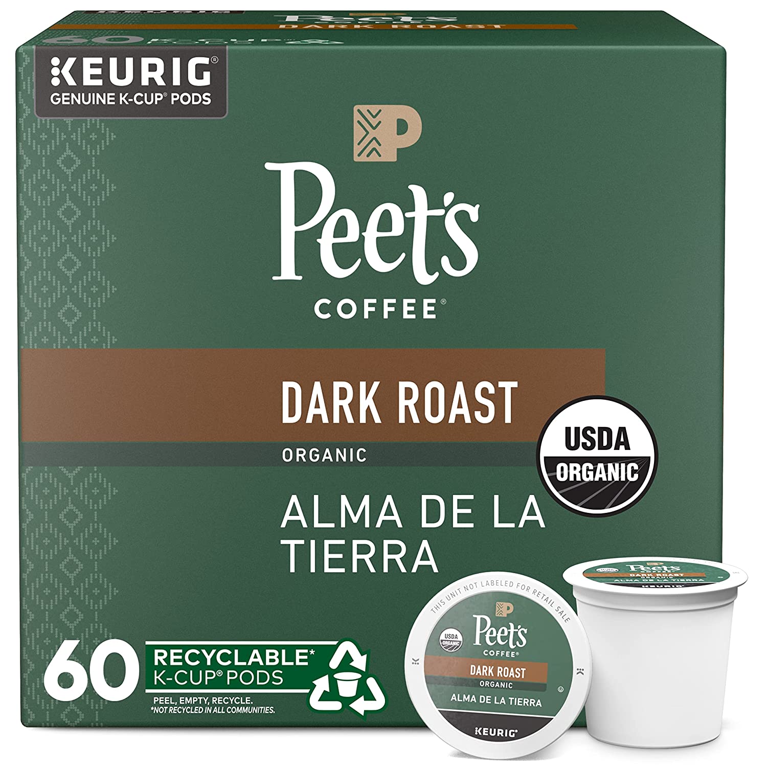 Peet-s Coffee Dark Roast K-Cup Pods for Keurig Brewers Organic Alma de la Tierra. USDA Organic 60 Count