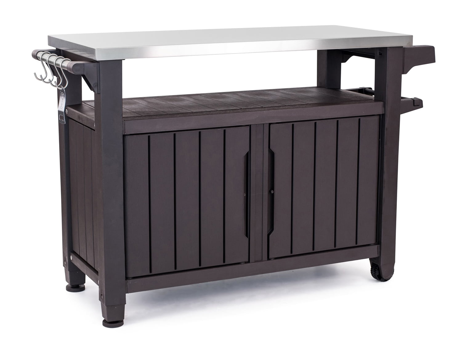 Keter Unity XL Portable Outdoor Table and Storage Cabinet with Accessory Hooks. Espresso Brown