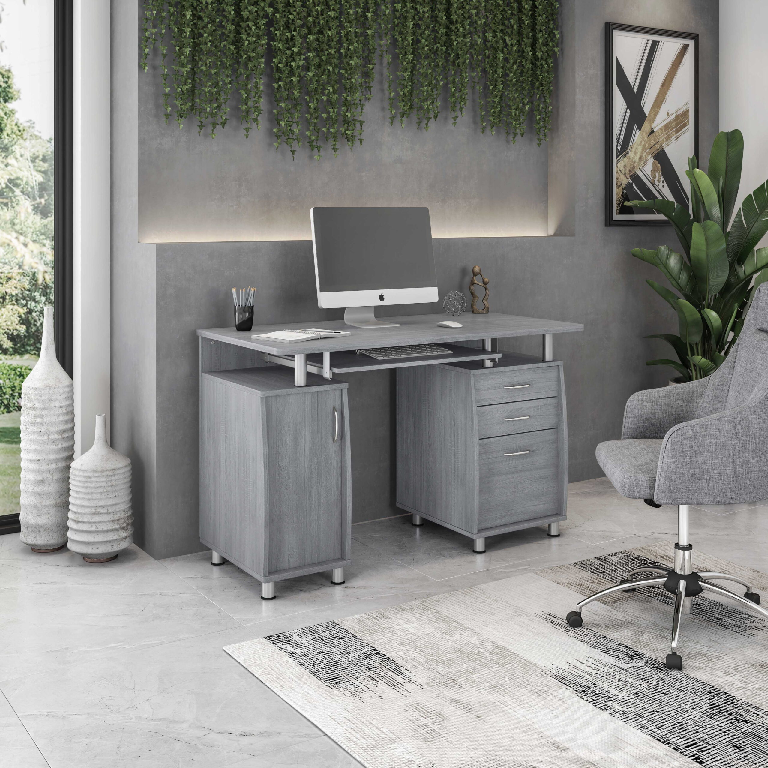 Techni Mobili Complete Workstation Computer Desk with Storage. Grey