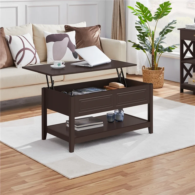 Yaheetech Wooden Lift Top Coffee Table with Hidden Compartment and 1 Open Shelf For Living Room. Espresso