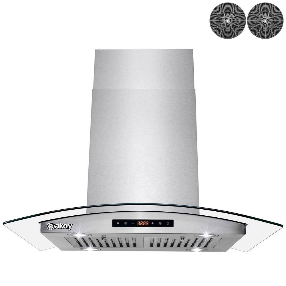 AKDY RH0476 30 in. 343 CFM Convertible Island Mount Range Hood with Tempered Glass and Carbon Filters in Stainless Steel