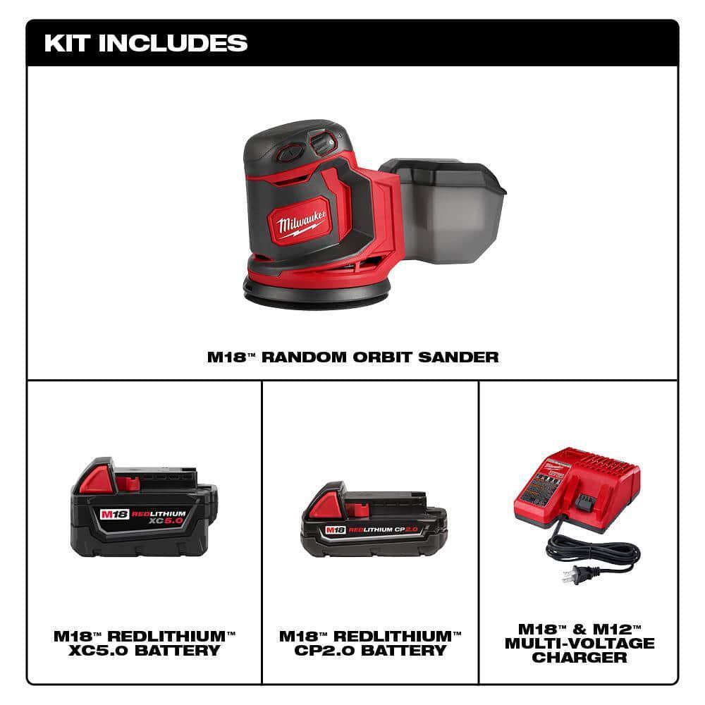 Milwaukee M18 18V Lithium-Ion Cordless 5 in. Random Orbit Sander with (1) 5.0 Ah. (1) 2.0 Ah Battery and Charger