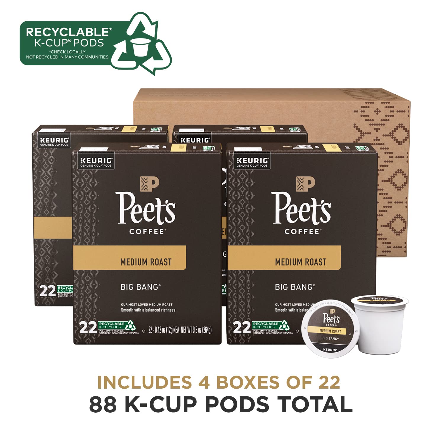 Peet-s Coffee. Medium Roast K-Cup Pods for Keurig Brewers - Big Bang 88 Count (4 Boxes of 22 K-Cup Pods)