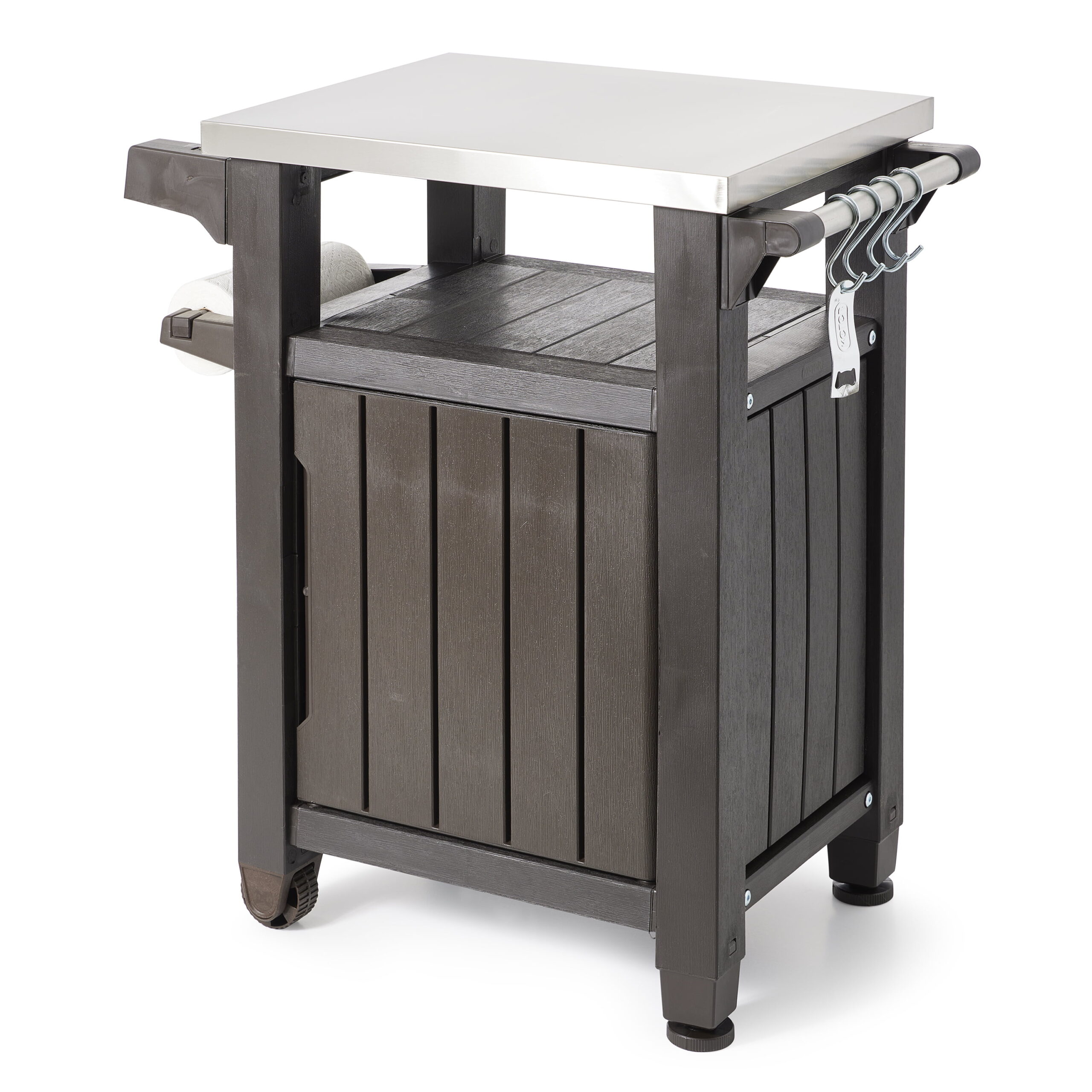Keter Unity 40 Gal Patio Storage Grilling Bar Cart w/Stainless Steel Top. Brown