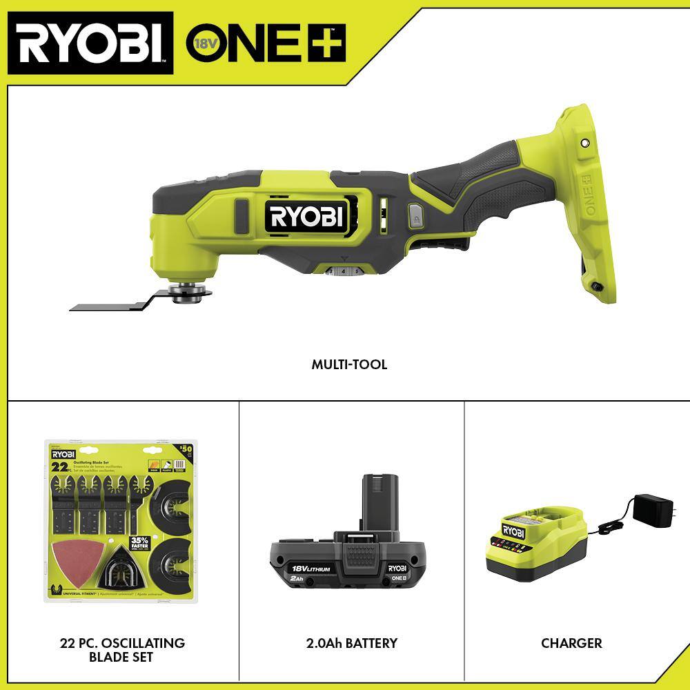 RYOBI PCL430K1-A242201 ONE+ 18V Cordless Multi-Tool Kit with 2.0 Ah Battery. Charger. and  22-Piece Oscillating Blade Set