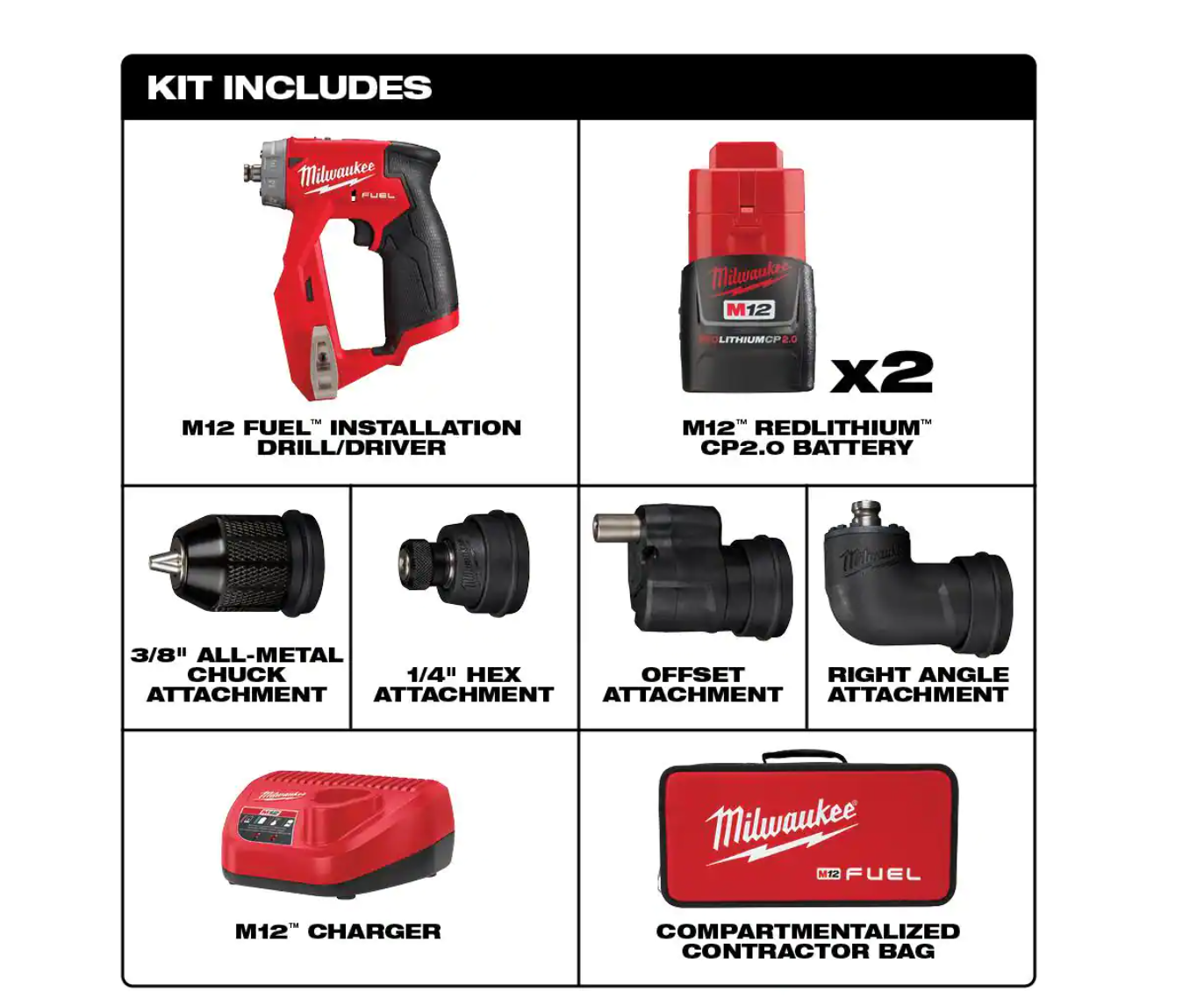 Milwaukee 2505-22-PO M12 FUEL 12V Lithium-Ion Brushless Cordless 4-in-1 Installation 3/8 in. Drill Driver Kit & 4-Tool Heads W/PACKOUT