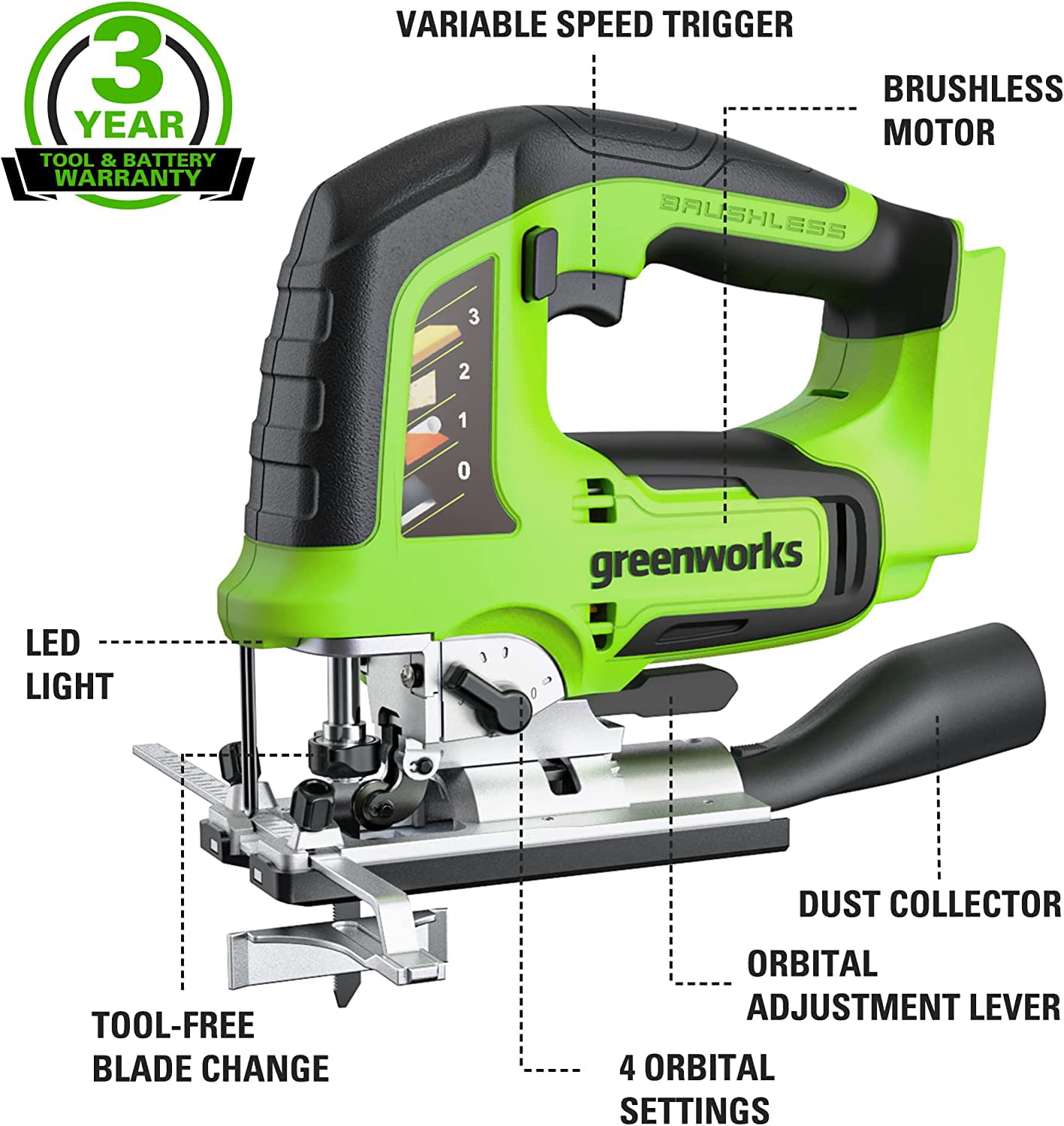 Greenworks 24V Brushless Jig Saw 3.000 SPM 6 Piece Blade Set (4 Wood Blades / 2 Metal) with 2Ah Battery & Adaptor Charger