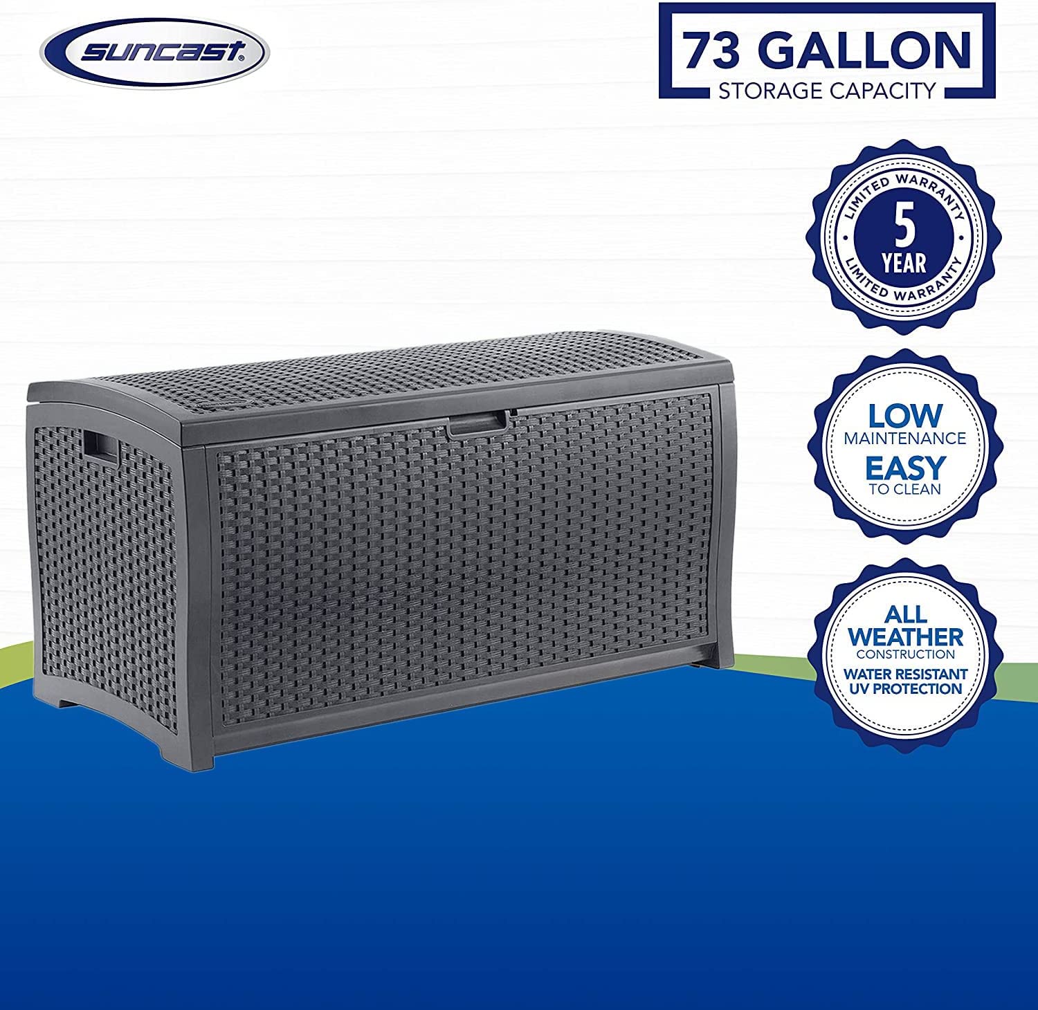 Suncast DBW7300C 73 Gallon Medium Resin Wicker Indoor/Outdoor Storage Box for Garden Tools. Pool Accessories. and Patio Cushions. Cyberspace
