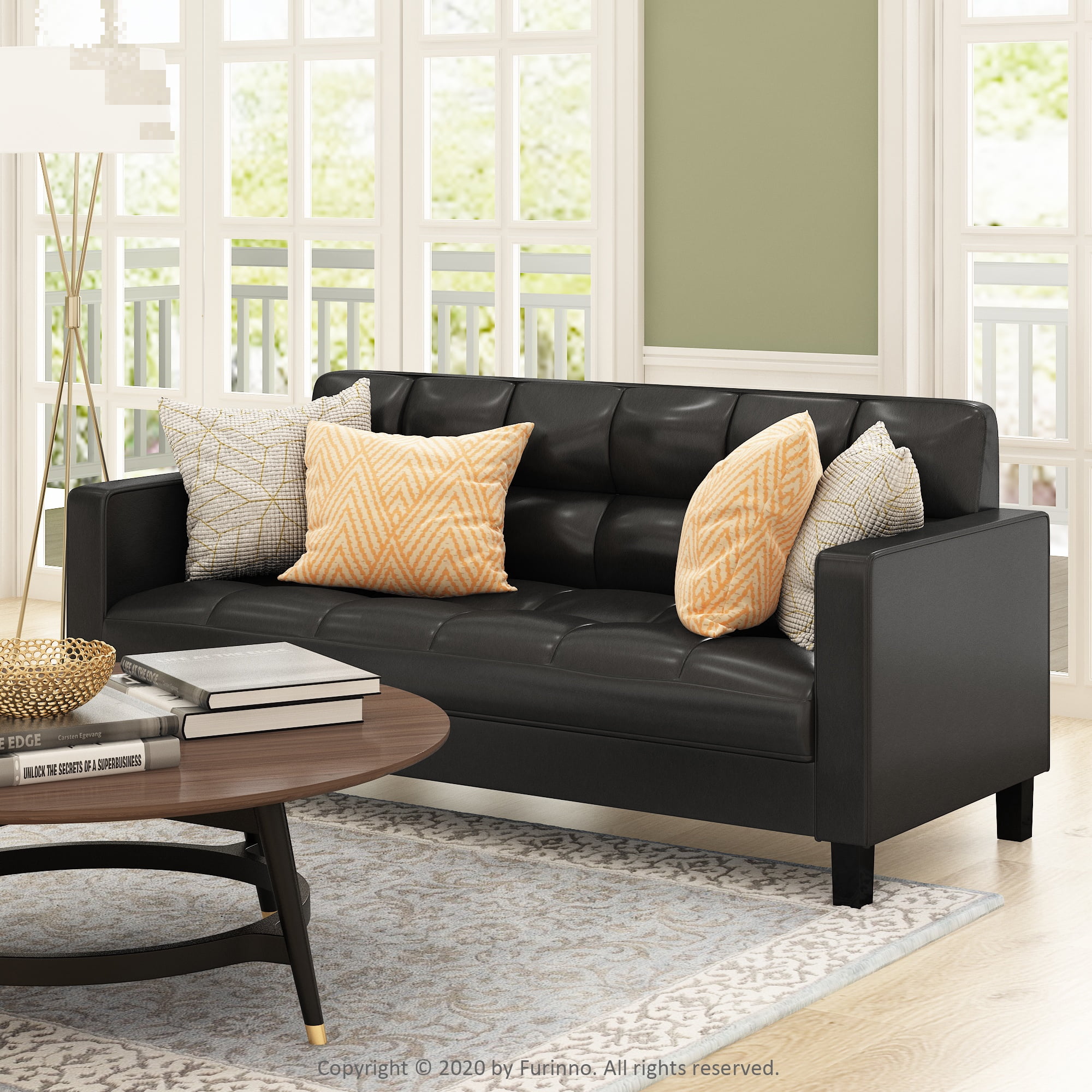 Furinno Brive Contemporary Tufted 3-Seater Sofa. Black Faux Leather
