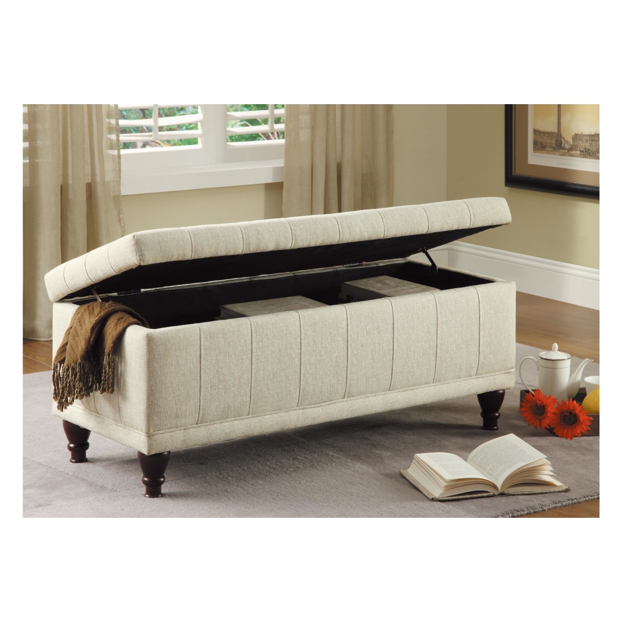 Saltoro Sherpi Fabric Lift-Up Storage Bench With a Tufted Seat. Cream