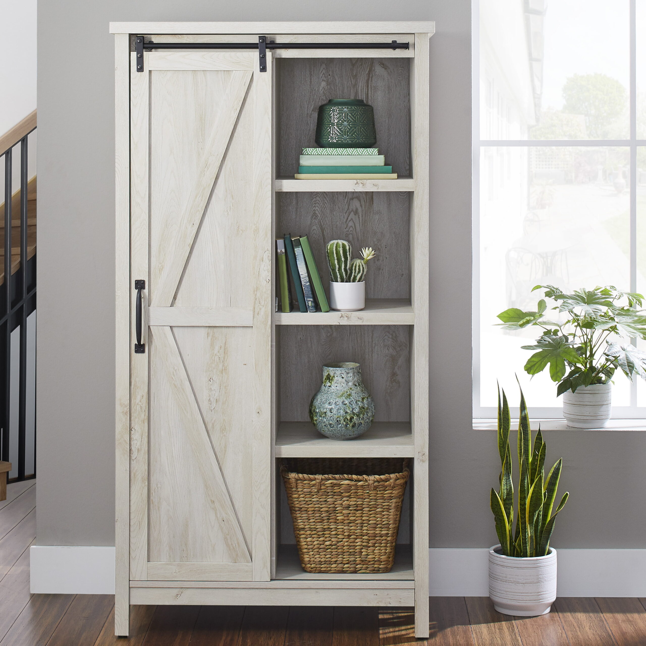 Better Homes & Gardens 66″ Modern Farmhouse Bookcase Storage Cabinet. Rustic White Finish