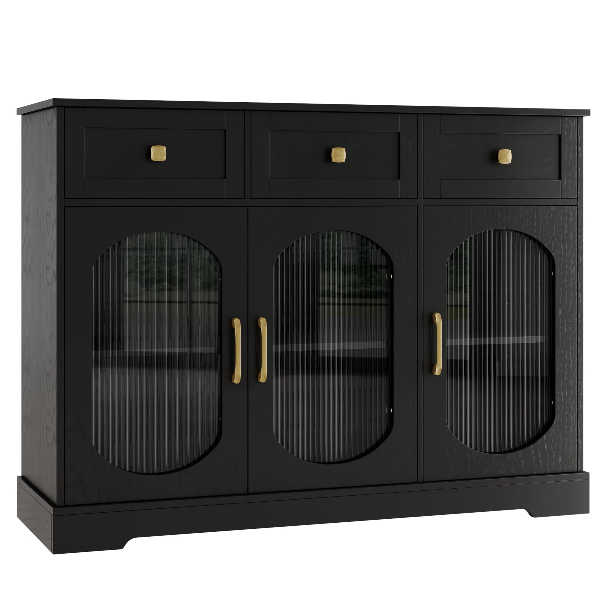 Homfa 3 Drawer Buffet Cabinet with 3 Curved Glass Doors. 47.2”W Kitchen Sideboard with Adjustable Shelf. Black