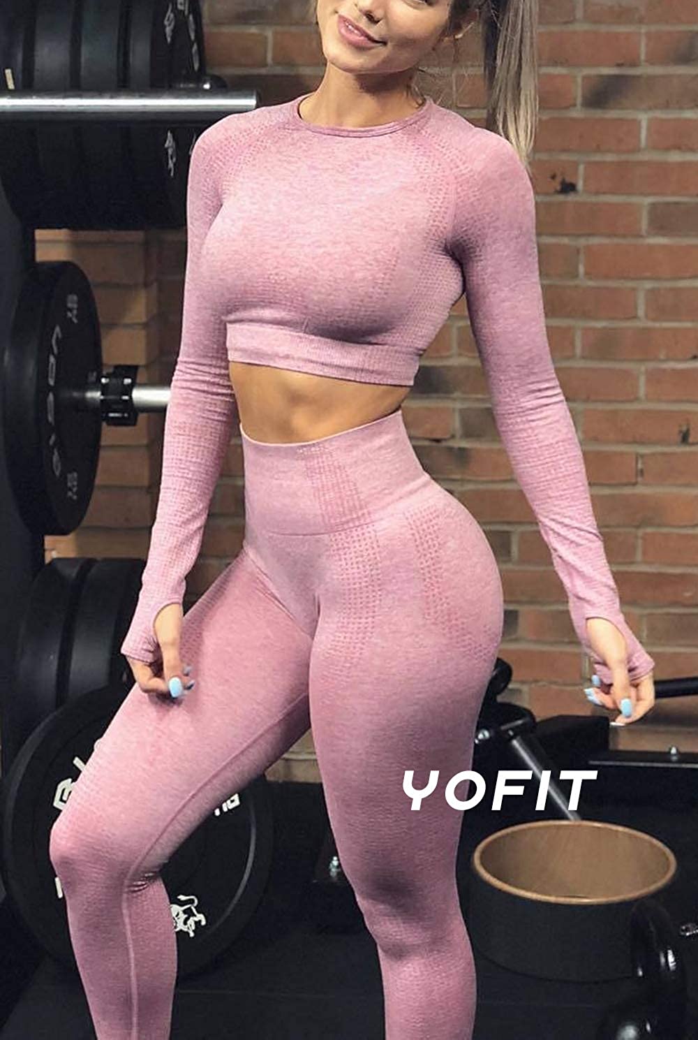 YOFIT Women's Workout Outfit 2 Pieces Seamless High Waist Yoga Leggings with Long Sleeve Crop Top Gym Clothes Set. Pink