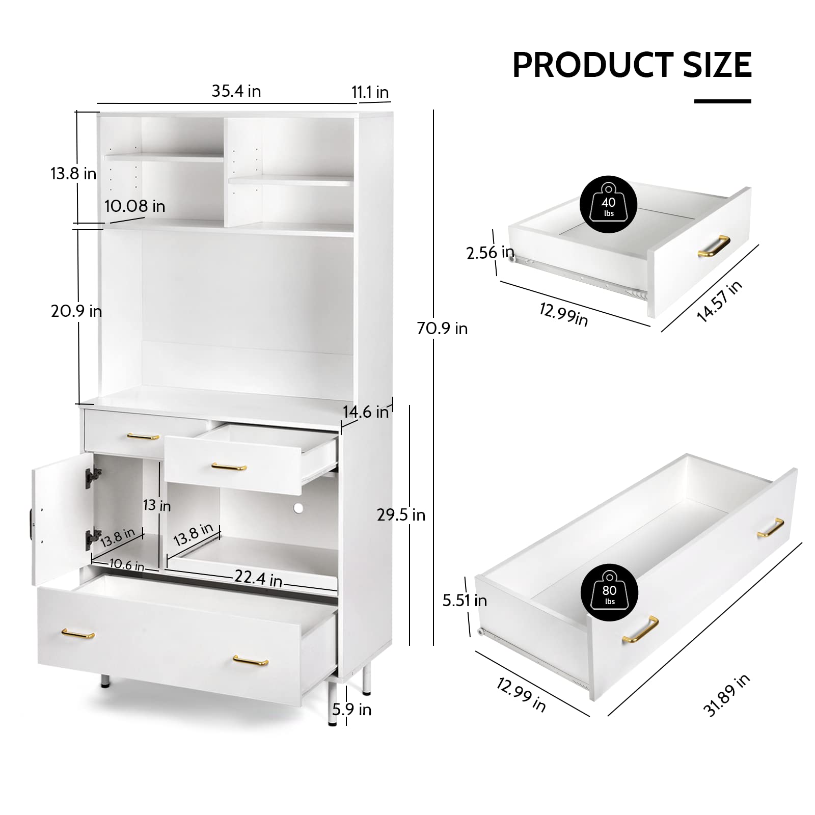 SMOOL Kitchen Pantry Storage Cabinet. 71” Freestanding Kitchen Storage Cabinets with 3 Drawers. White